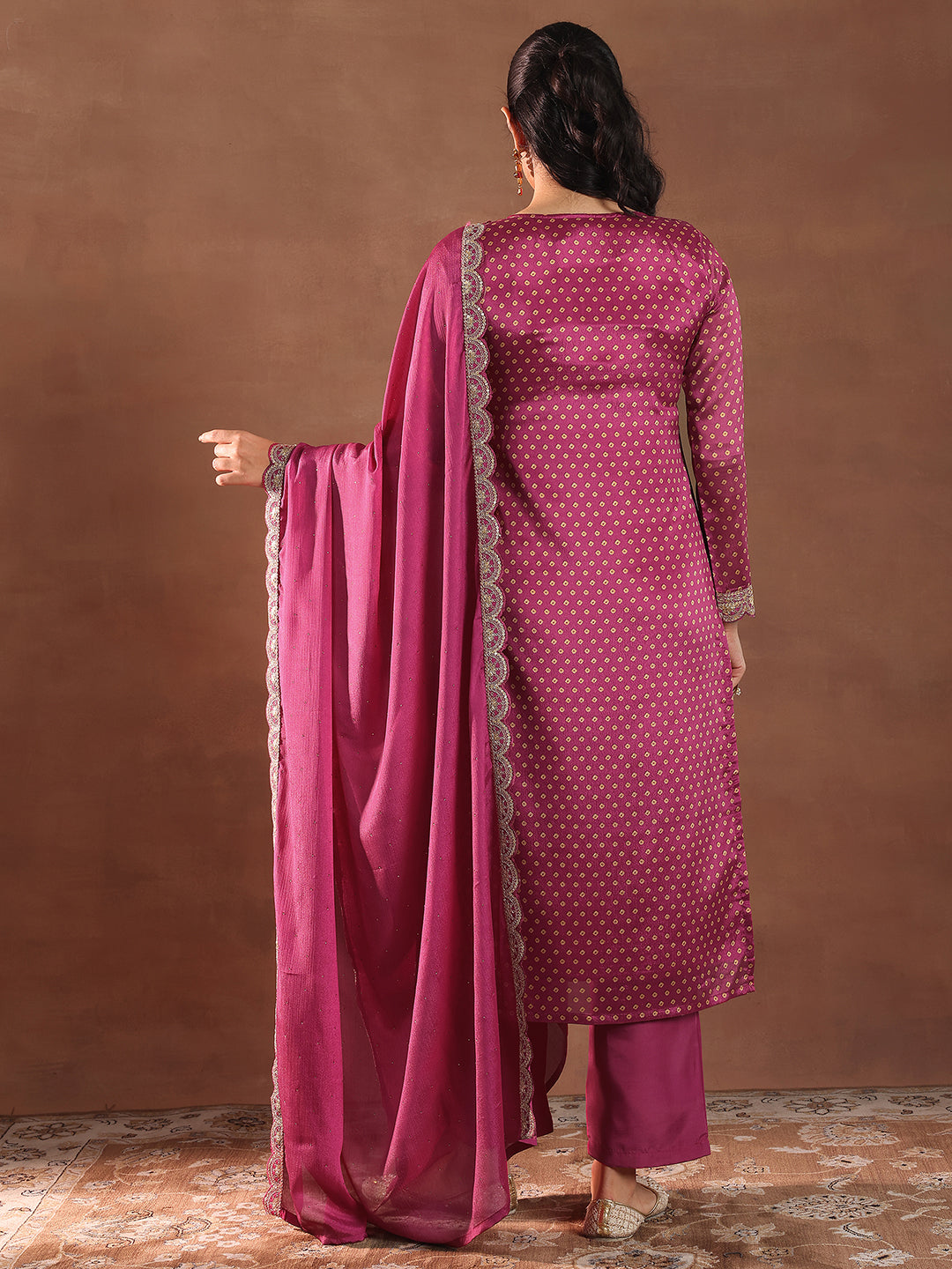 Pink Printed Silk Blend Straight Suit With Dupatta