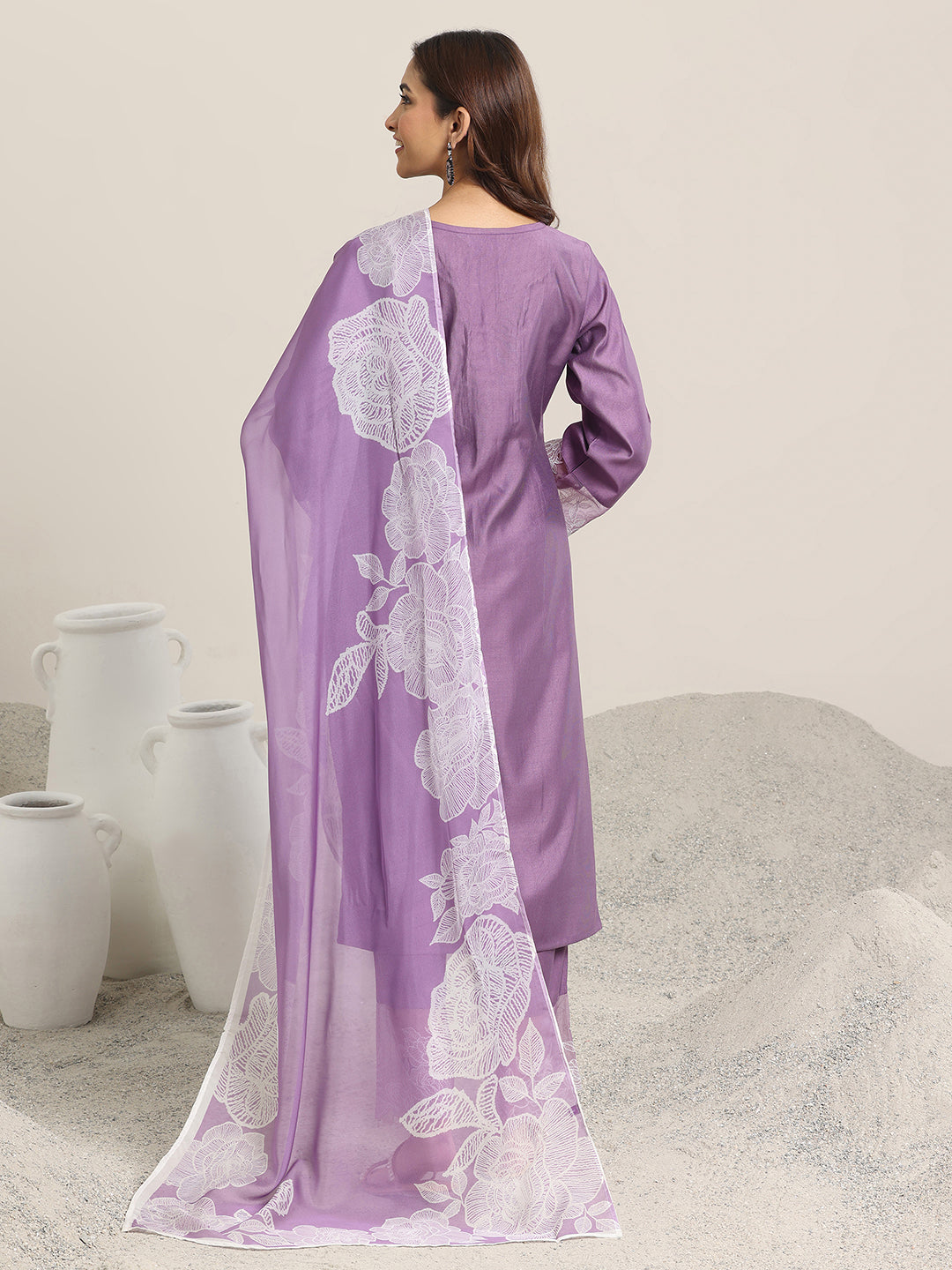 Purple Yoke Design Silk Blend Straight Suit Set With Dupatta