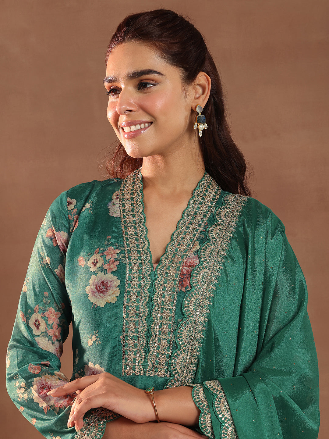 Green Printed Silk Blend Straight Suit With Dupatta
