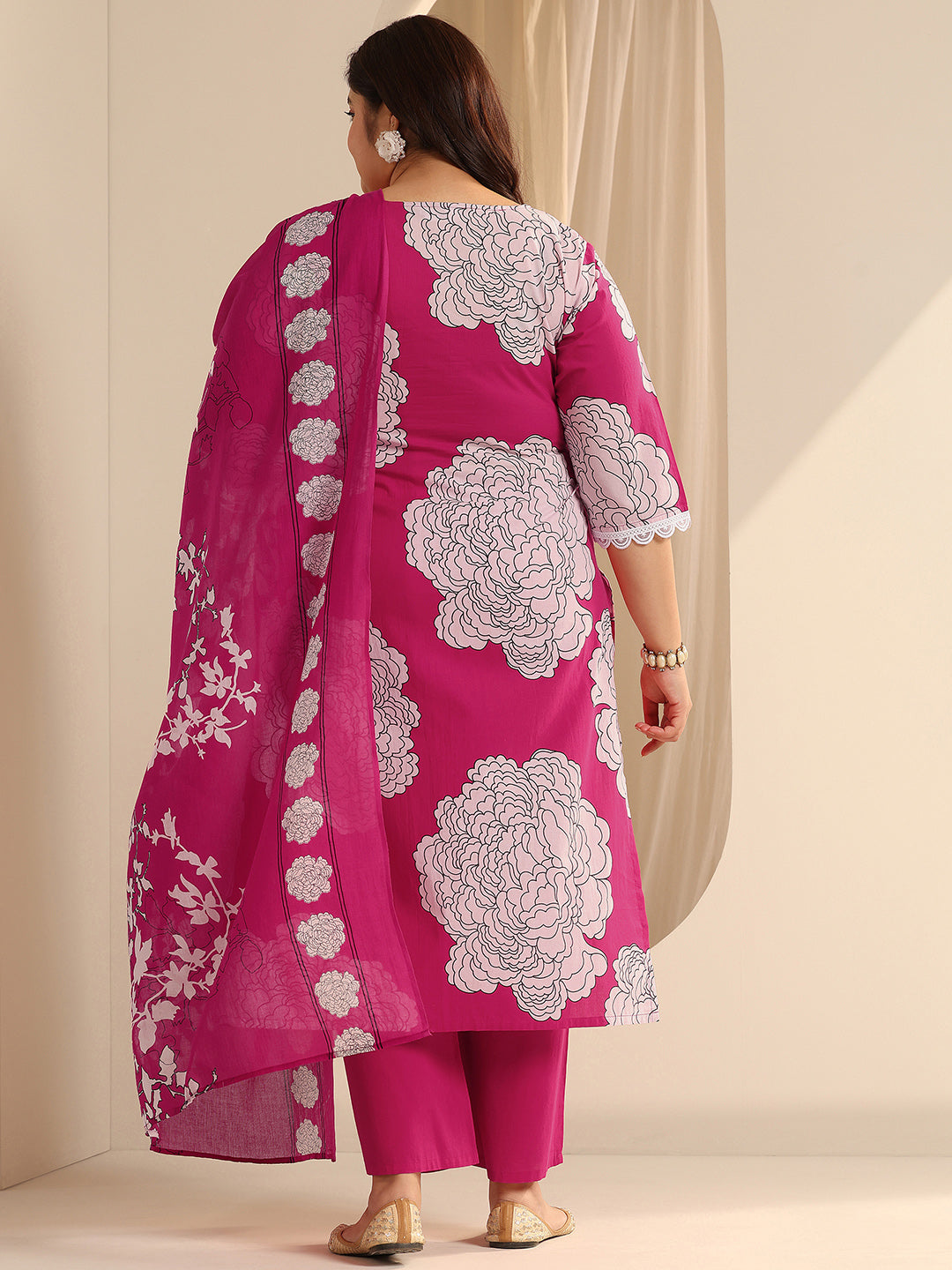 Plus Size Pink Printed Cotton Straight Suit Set With Dupatta