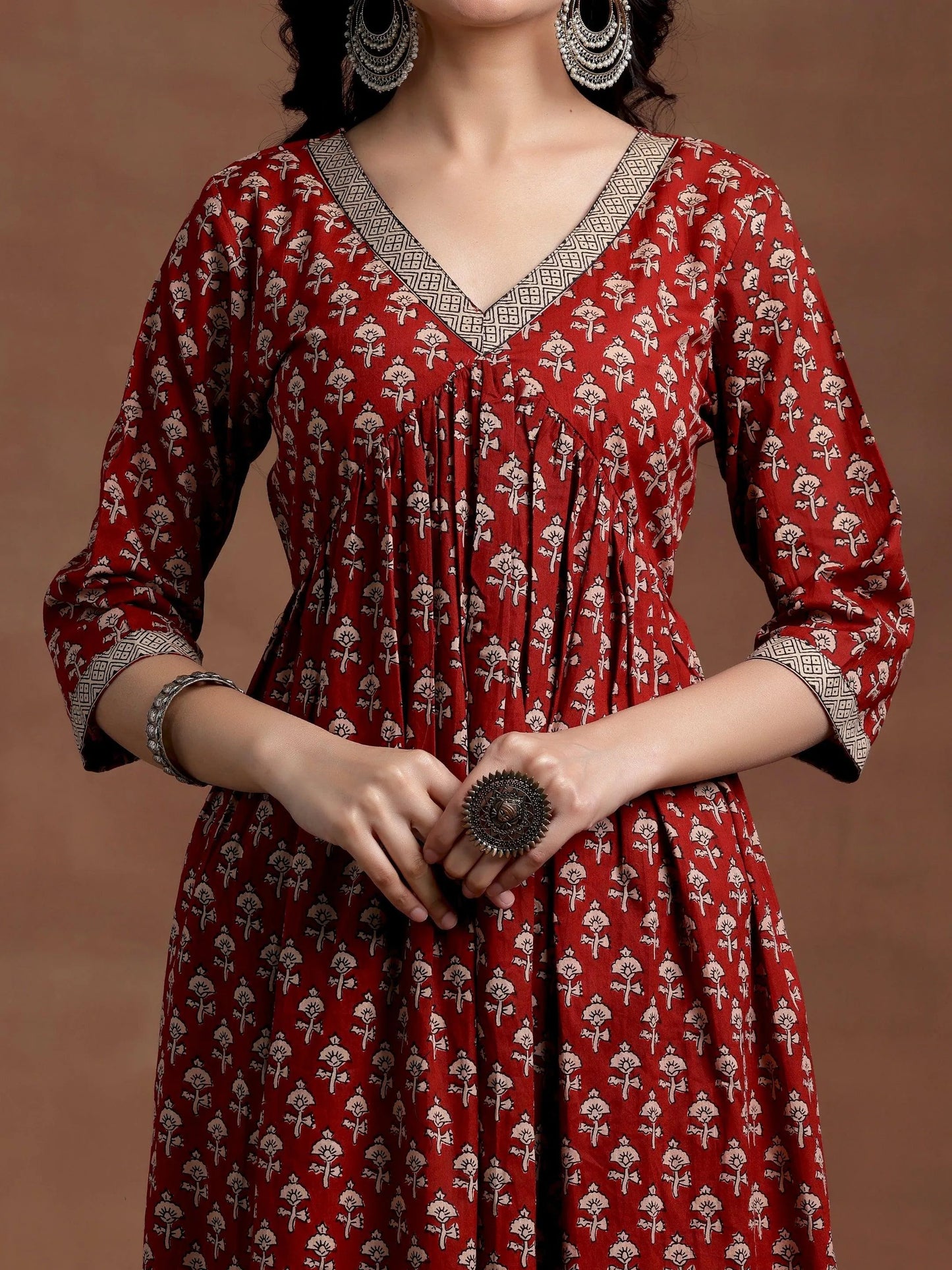 Rust Printed Cotton A-Line Kurta With Palazzos