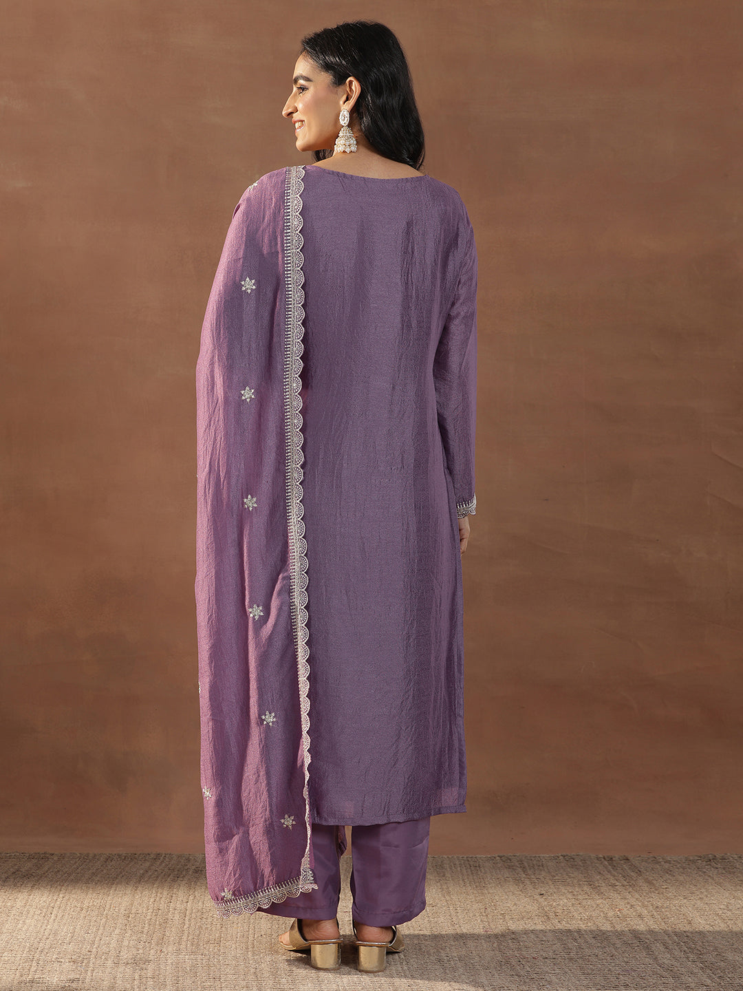 Purple Embroidered Silk Blend Straight Suits With Dupatta