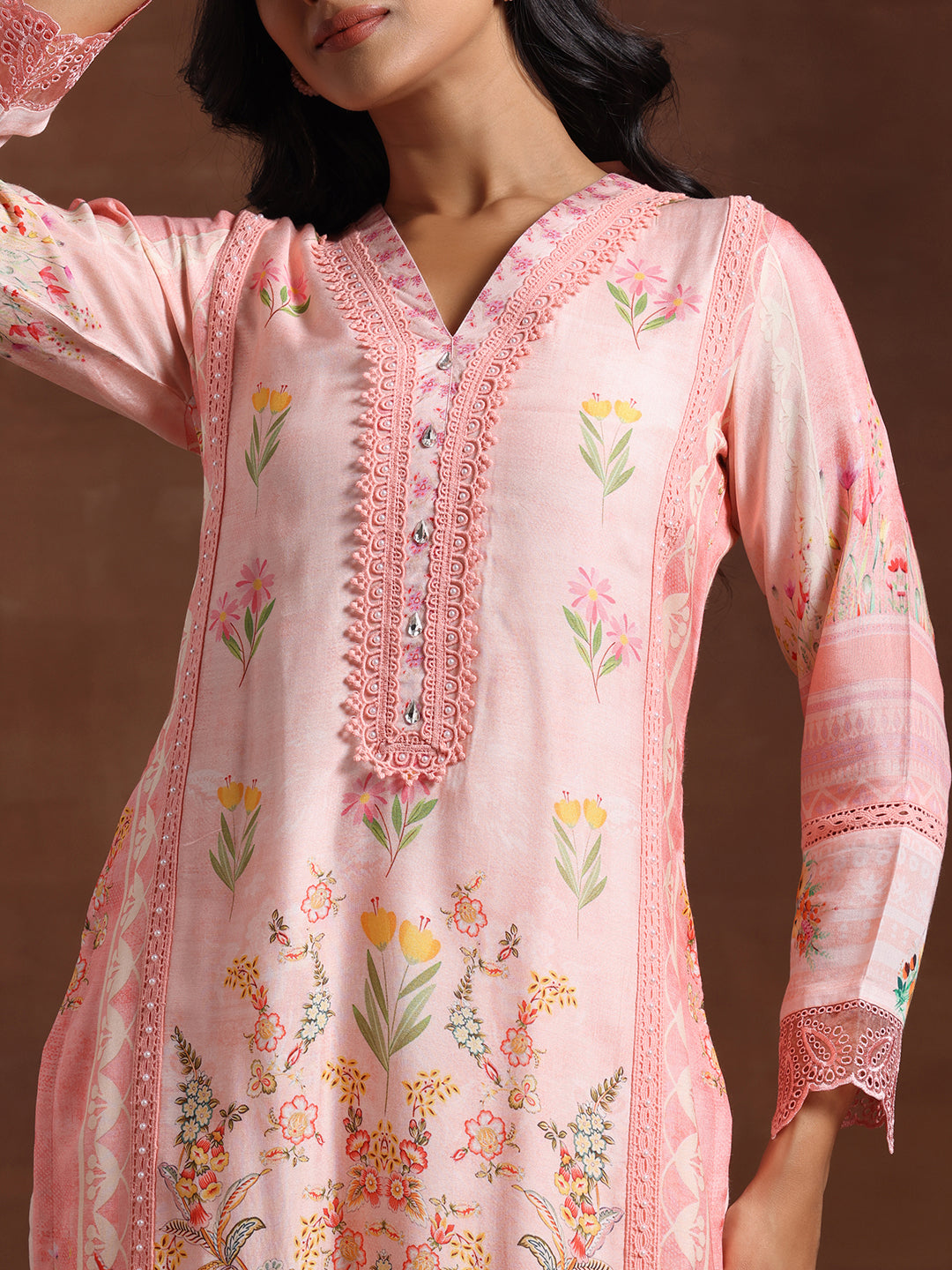 Pink Printed Silk Blend Straight Suit With Dupatta