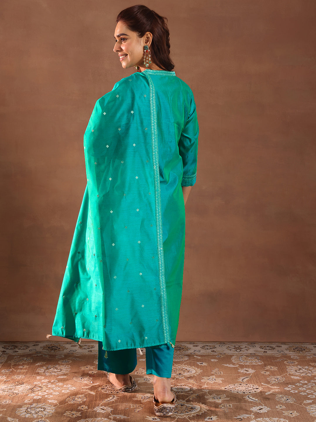 Turquoise Blue Woven Design Chanderi Silk Straight Suit With Dupatta