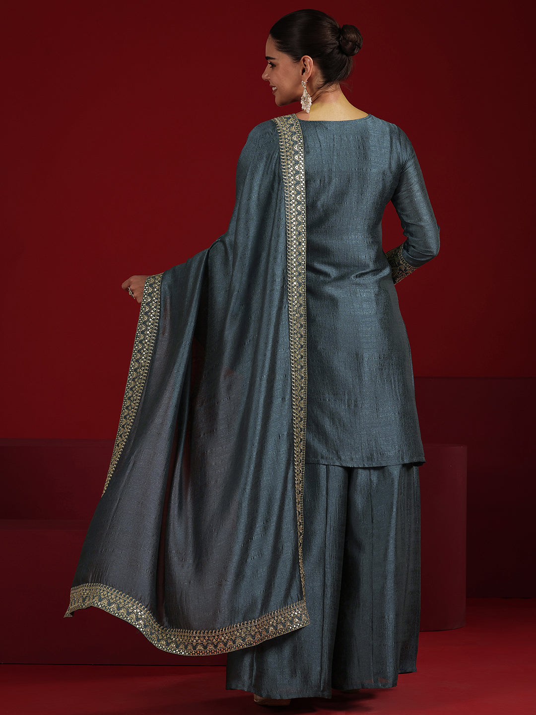 Libas Art Blue Embroidered Silk Blend Straight Suit Set With Dupatta