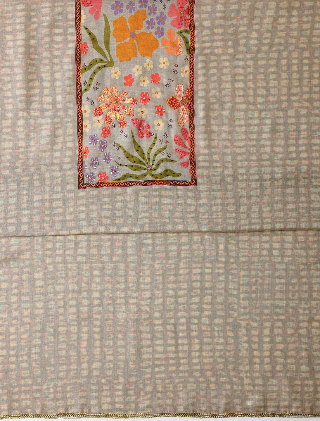 Grey Printed Cotton Blend Dress Material With Dupatta