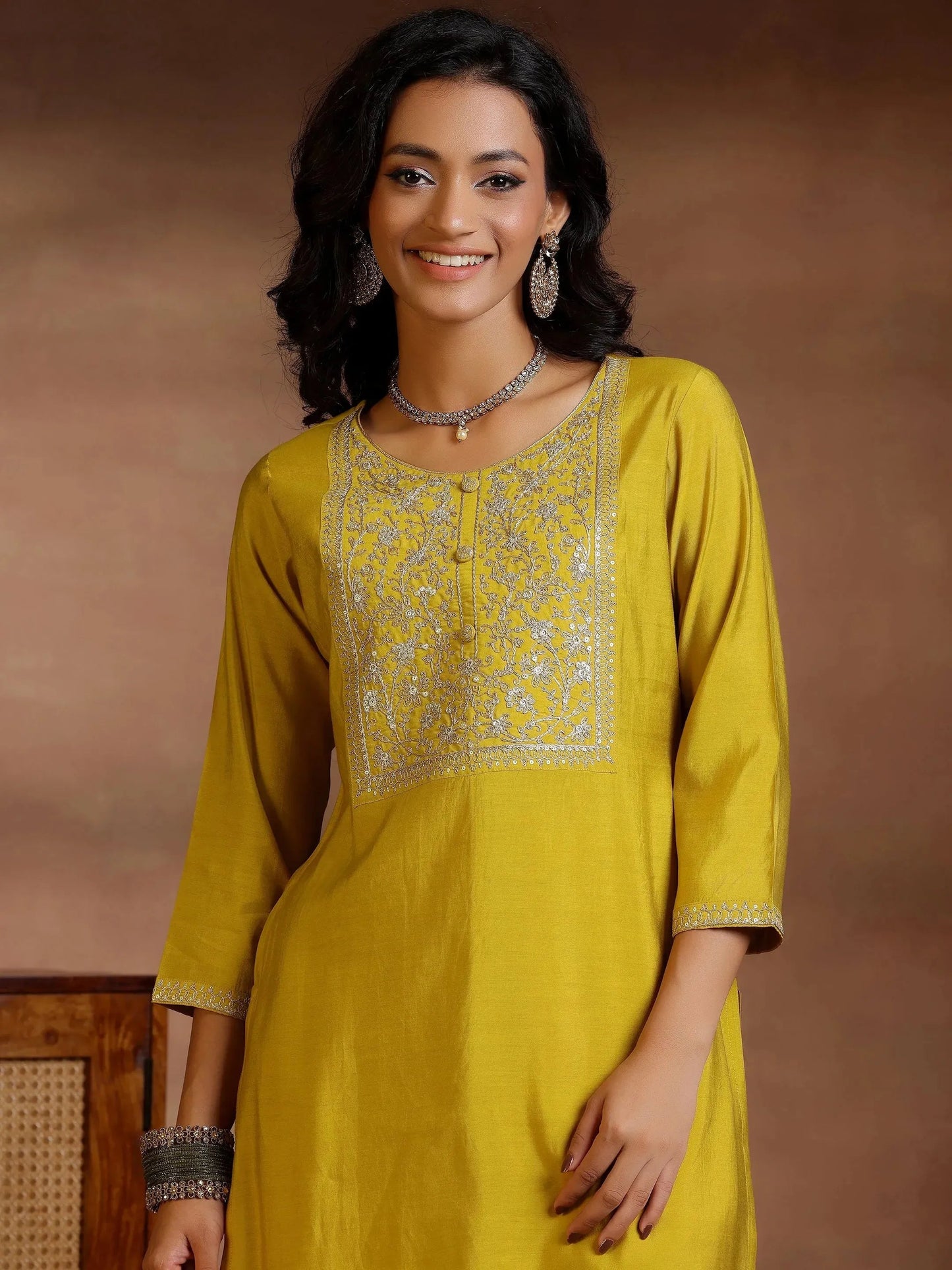 Mustard Yoke Design Silk Blend Straight Suits With Dupatta