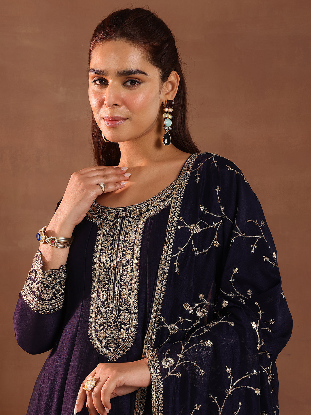 Purple Embroidered Silk Blend Anarkali Suit With Dupatta