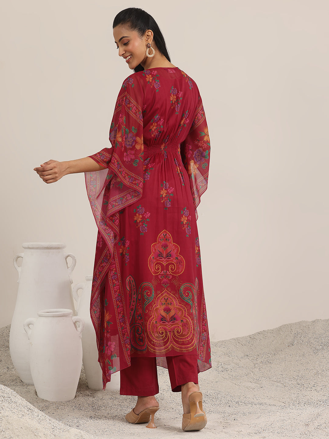 Maroon Printed Chiffon A-line Kurta Set