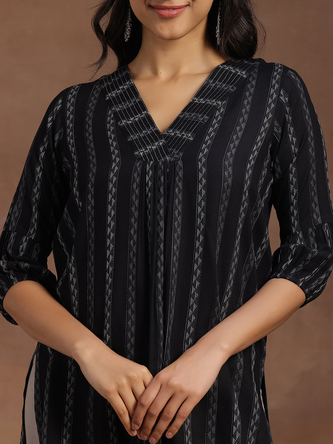 Black Woven Design Silk Blend Straight Kurti