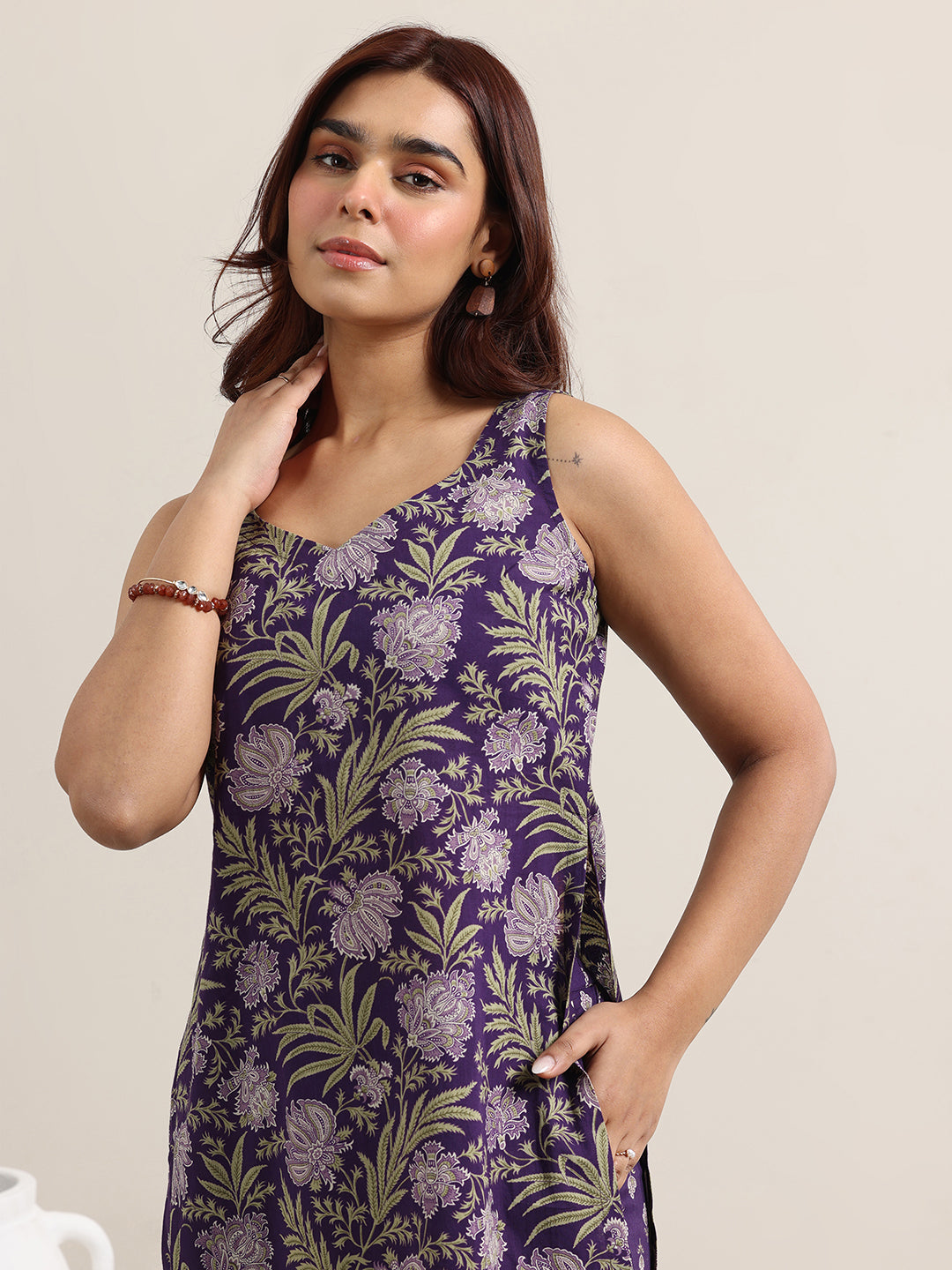 Purple Printed Cotton Straight Suit With Dupatta