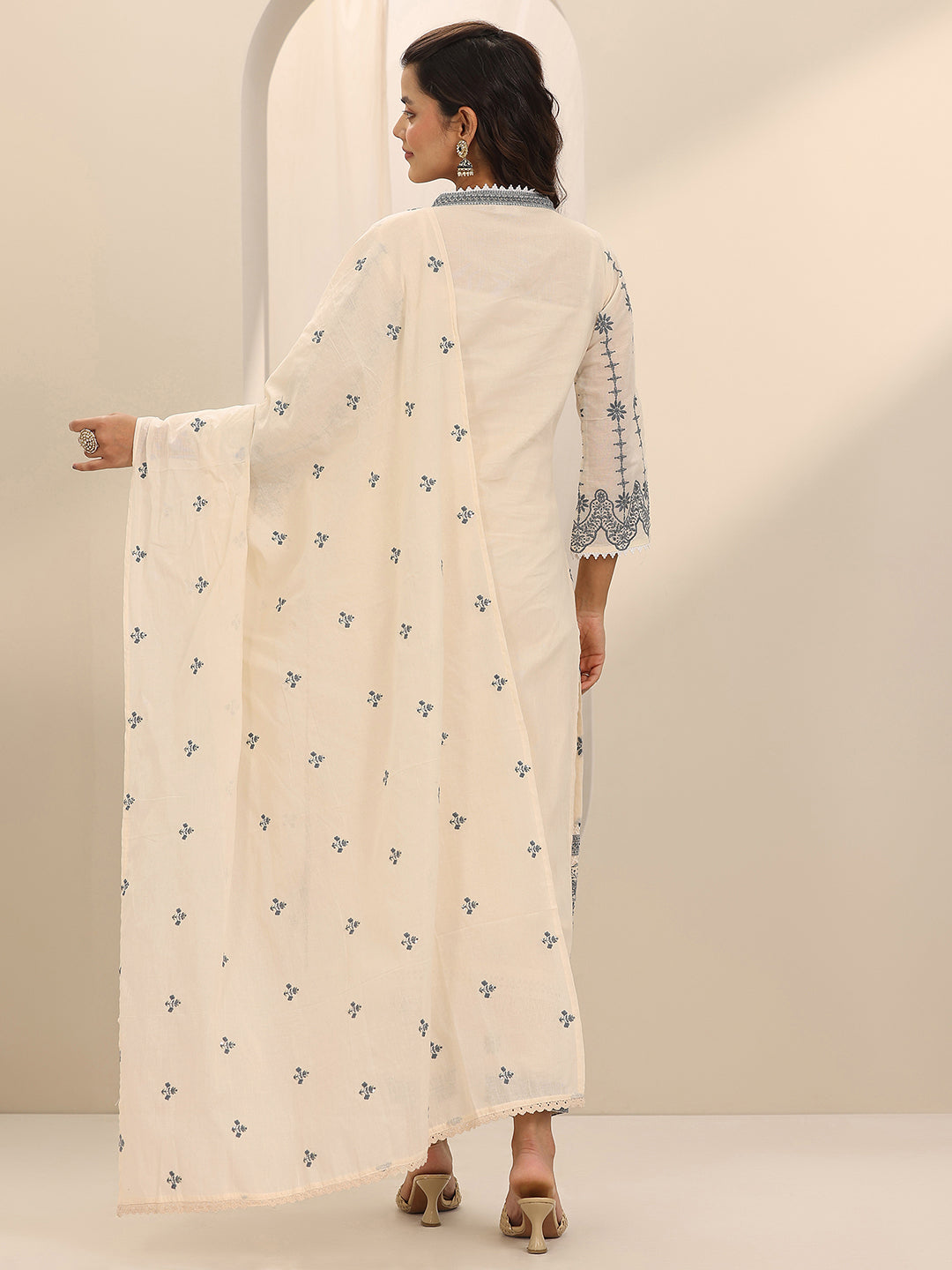 Off White Embroidered Cotton Straight Suit Set With Dupatta