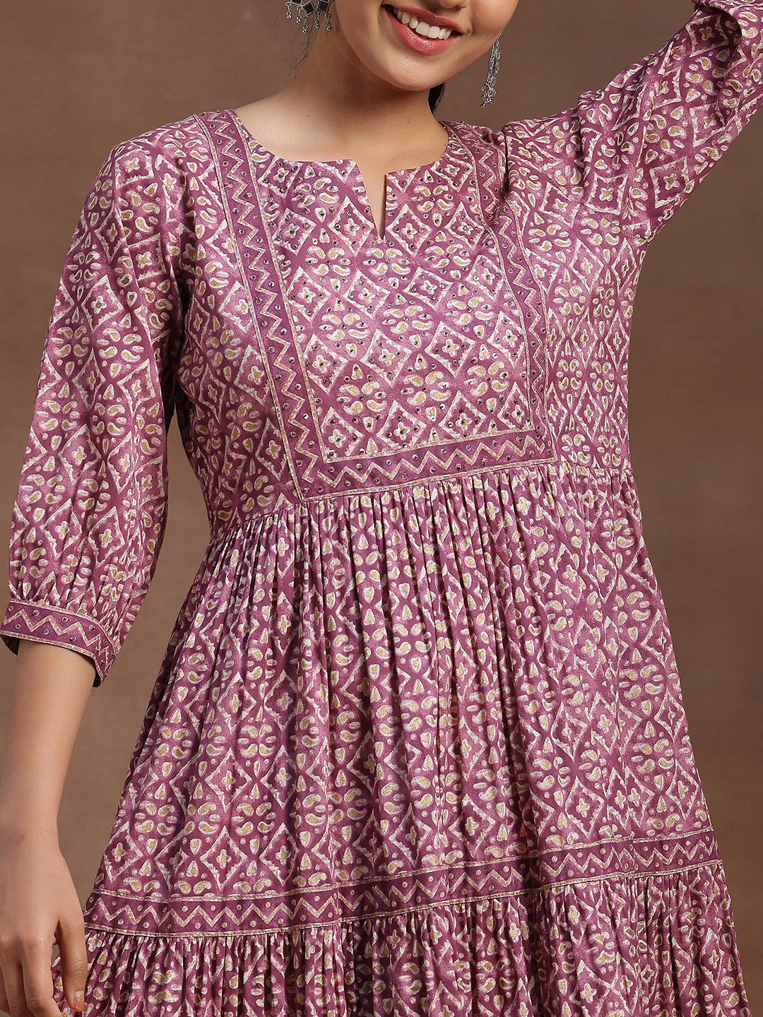 Purple Printed Cotton Tiered A-Line One Piece Dress