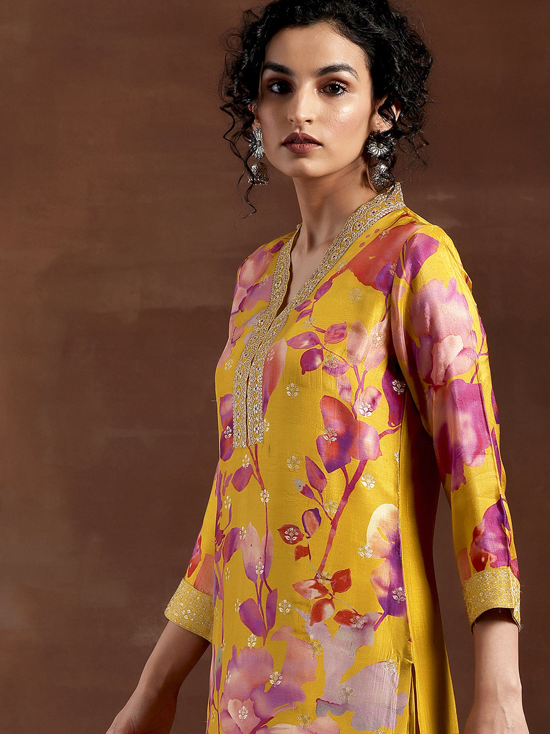 Mustard Printed Silk Blend Straight Suit With Dupatta