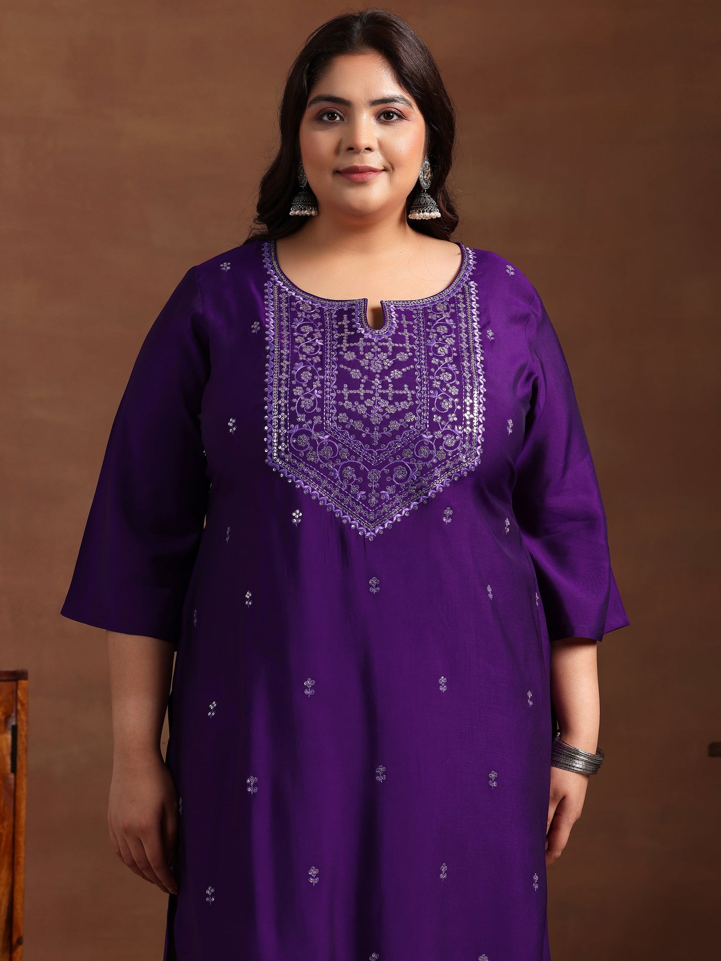 Plus Size Purple Yoke Design Silk Blend Straight Kurta Set