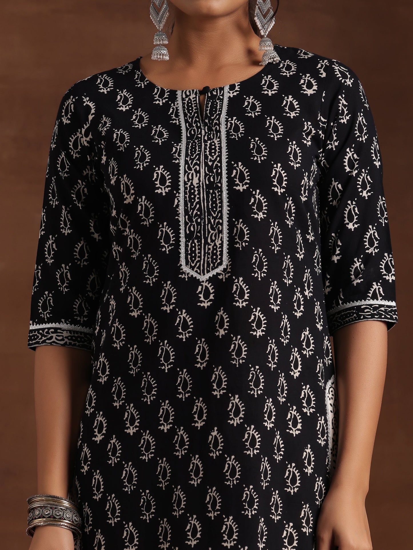 Black Printed Cotton Straight Suit With Dupatta