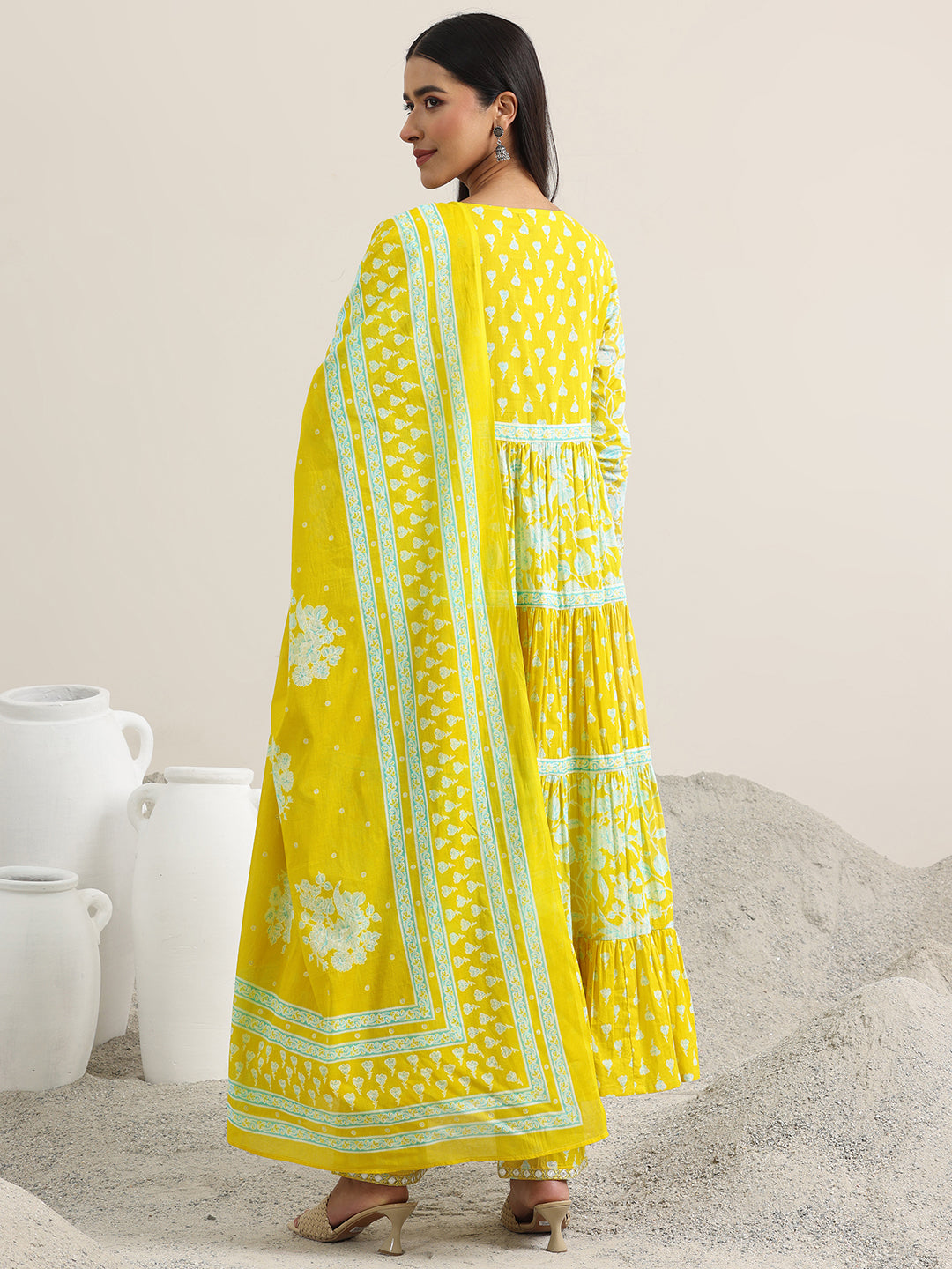 Yellow Printed Cotton Anarkali Suit With Dupatta