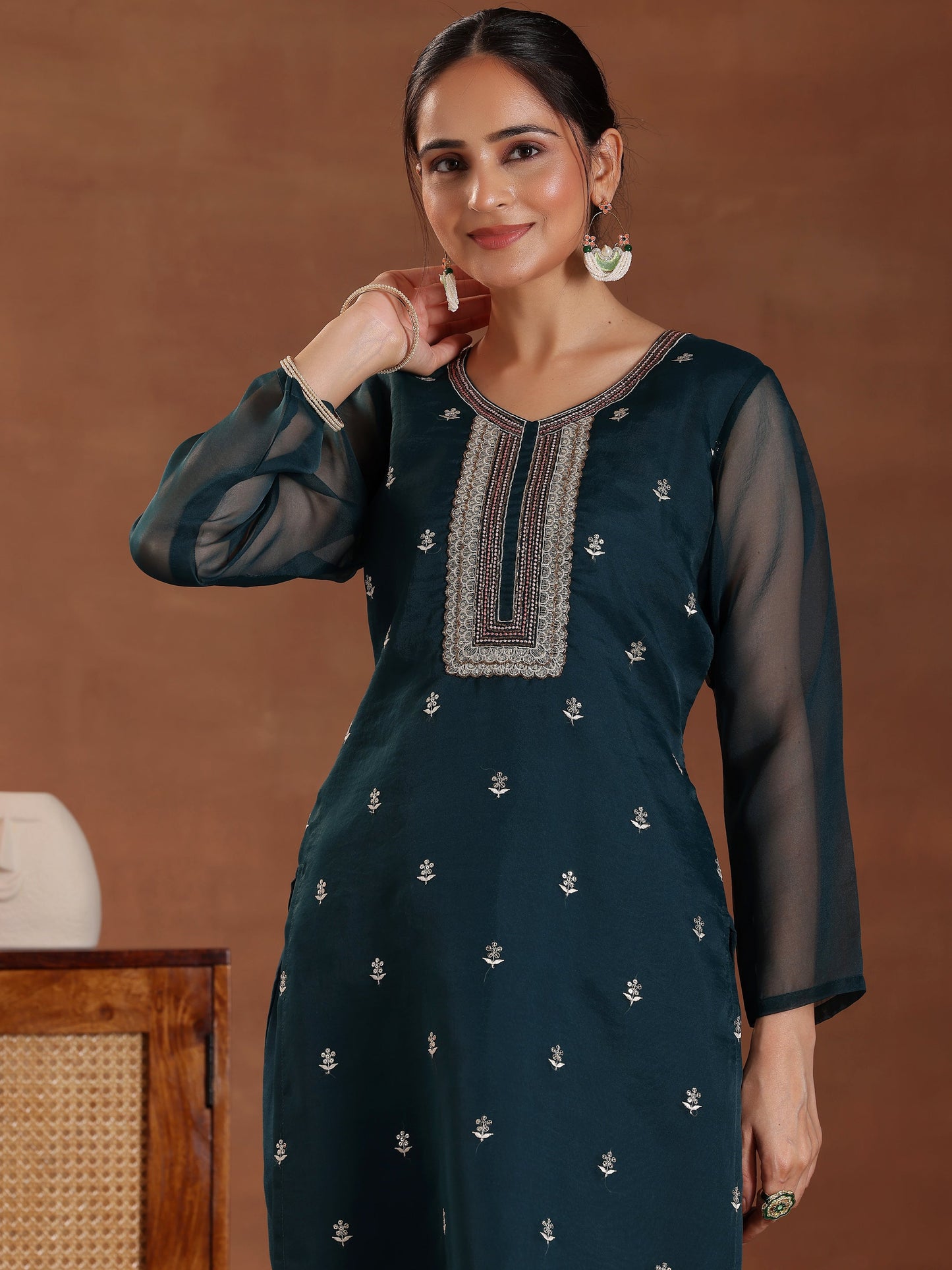 Green Embroidered Organza Straight Suit With Dupatta