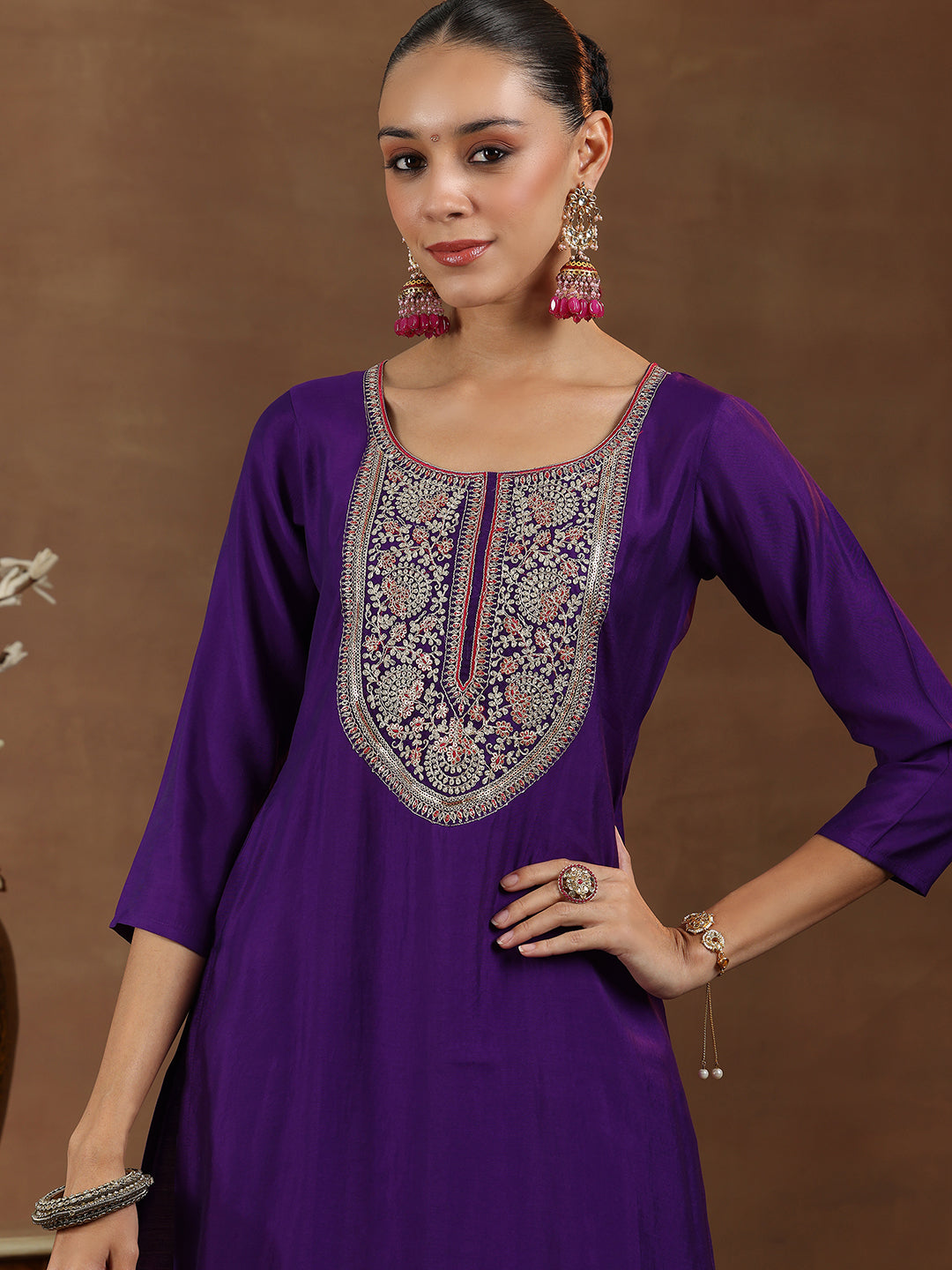 Purple Yoke Design Silk Blend Straight Suit With Dupatta