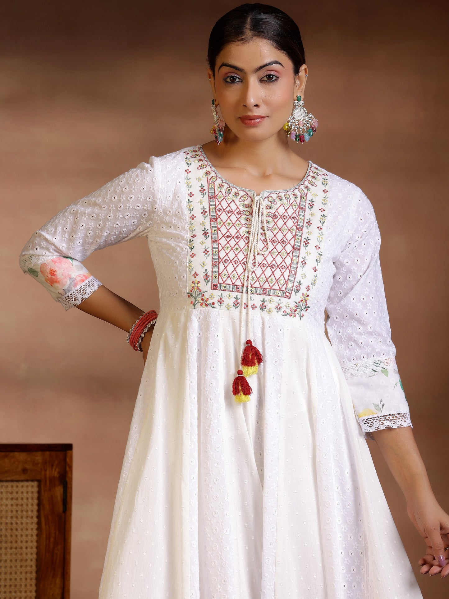 White Self Design Cotton Anarkali Suit With Dupatta