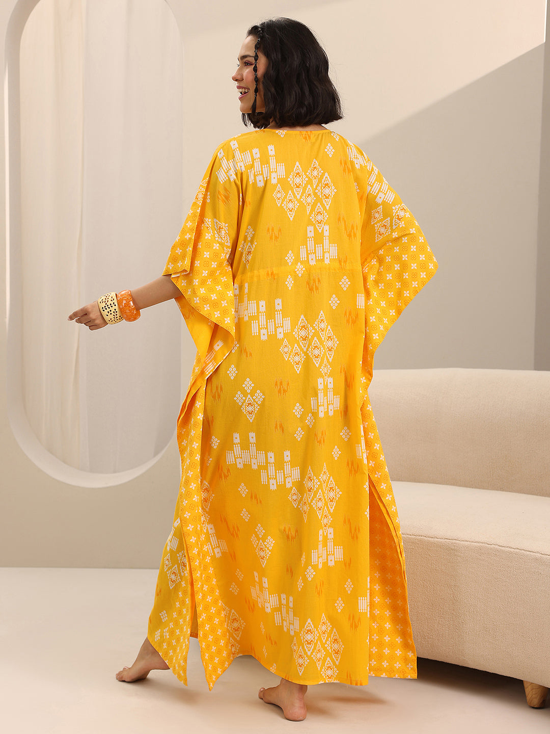 Yellow Printed Cotton Kaftan Night Dress