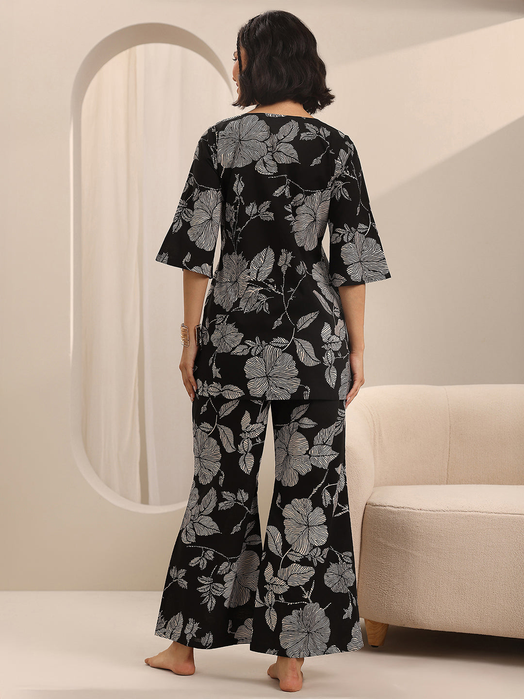 Black Printed Cotton Night Suits