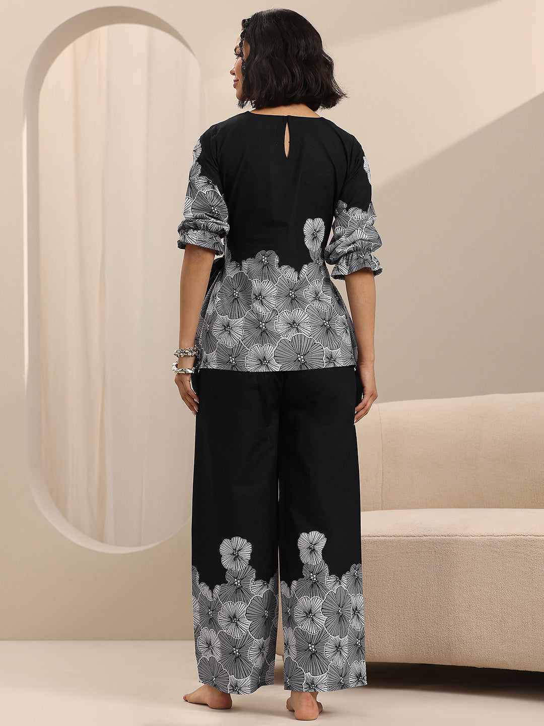 Black Printed Cotton Night Suits