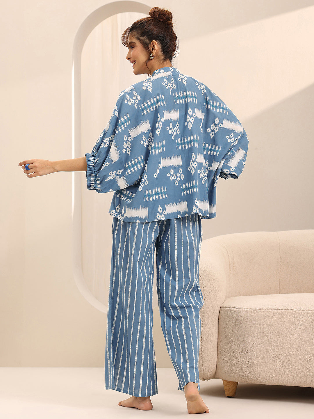 Blue Printed Cotton Night Suits