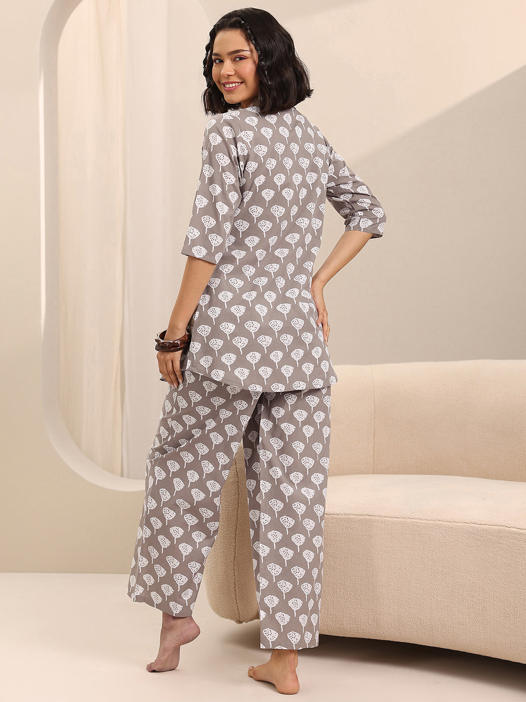 Grey Printed Cotton Night Suits
