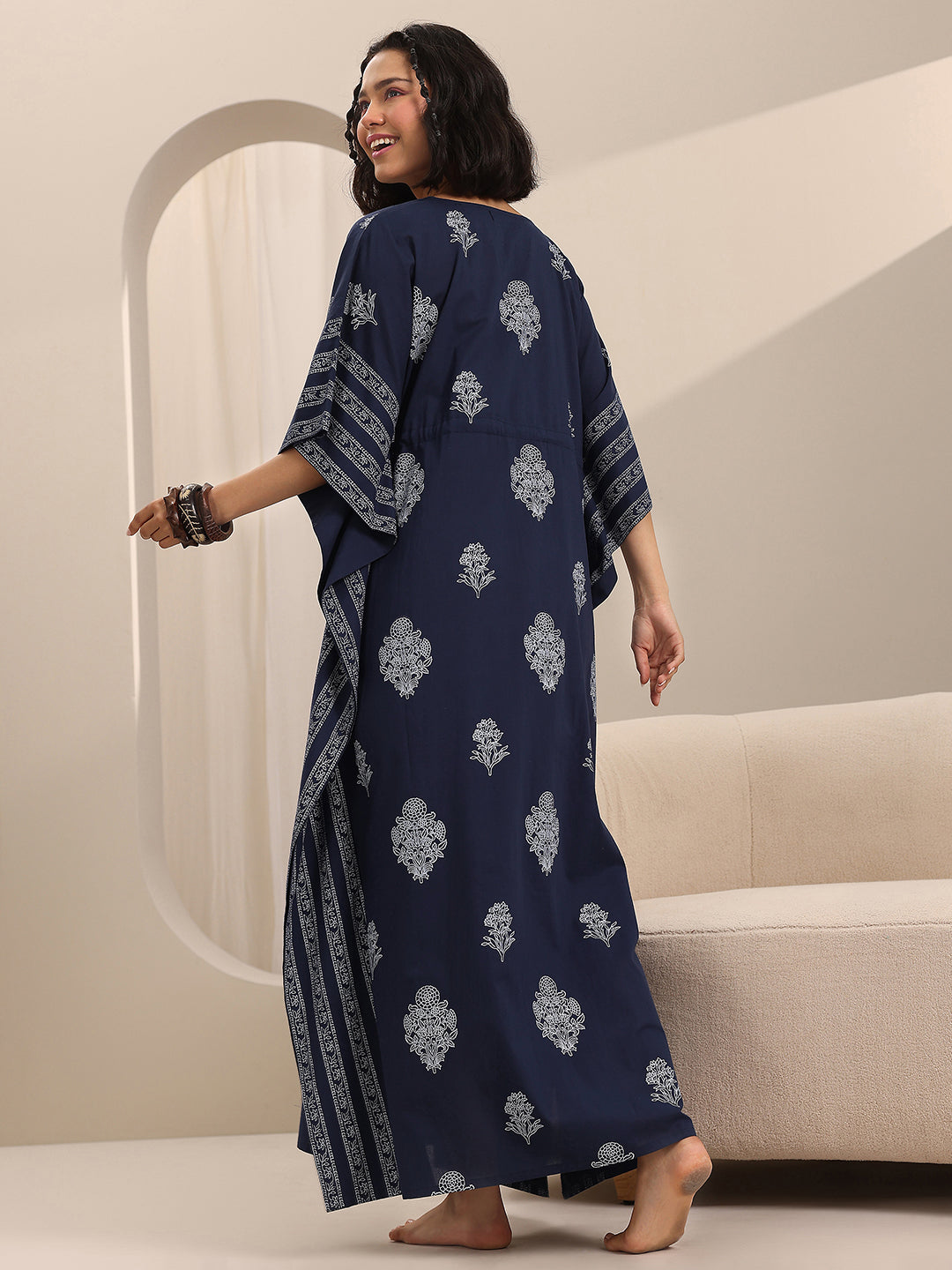 Blue Printed Cotton Kaftan Night Dress