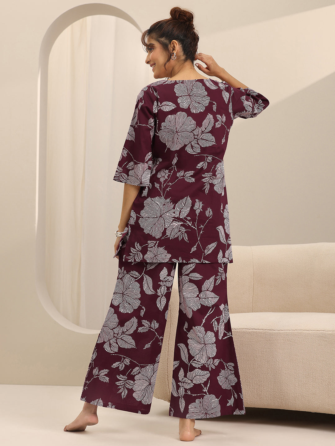 Burgundy Printed Cotton Night Suits