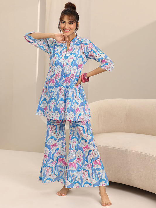 Off white Printed Cotton Night Suits