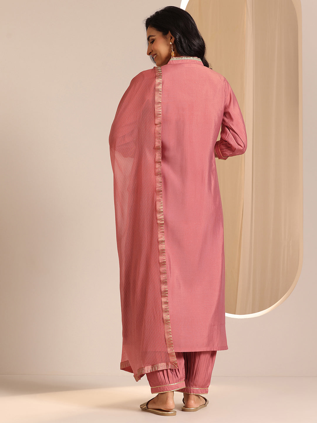 Peach Solid Silk Blend Straight Suit Set With Dupatta