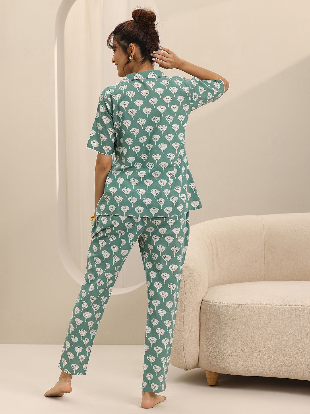 Sea Green Printed Cotton Night Suits