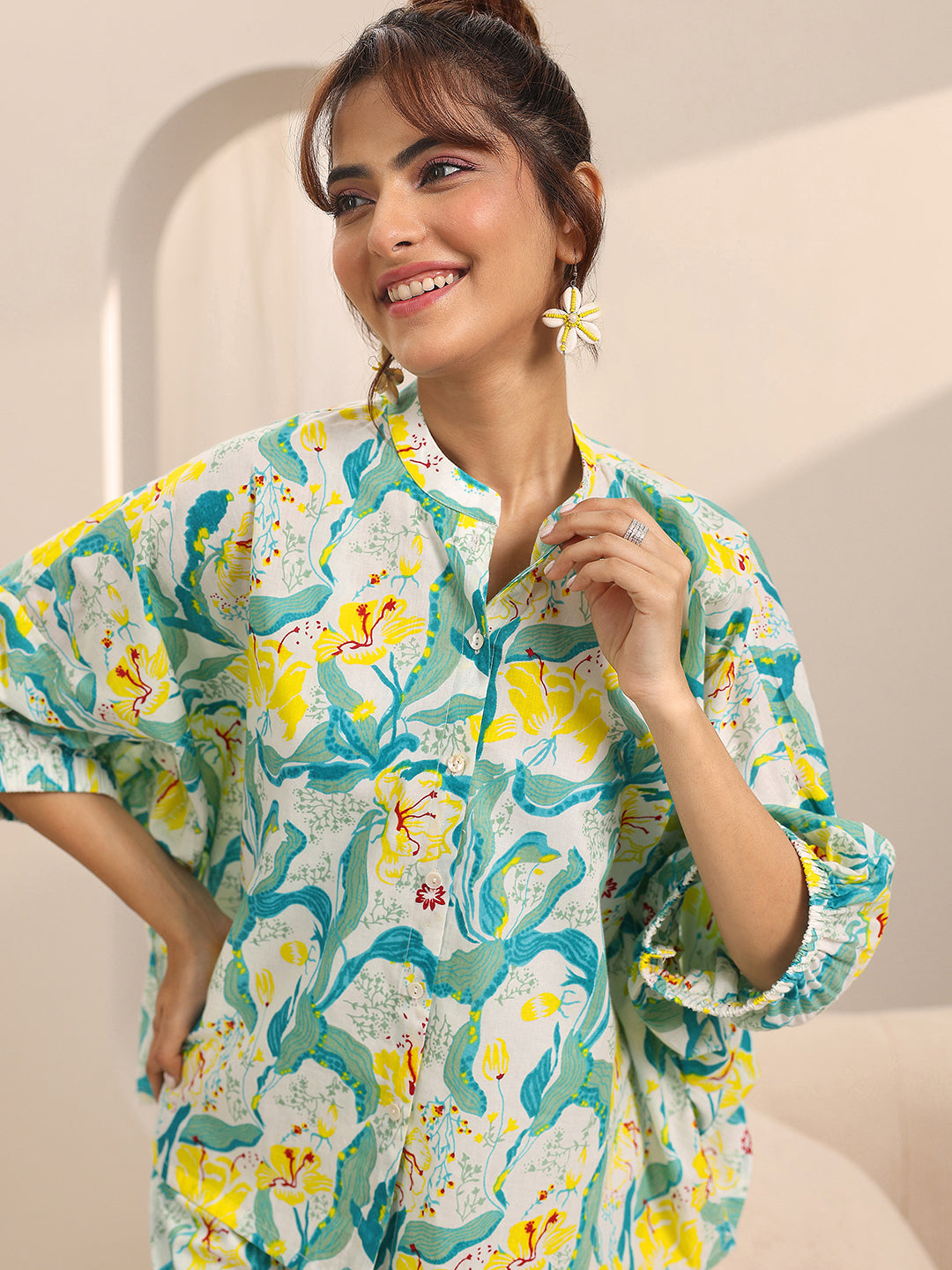 Off White Printed Cotton Night Suits