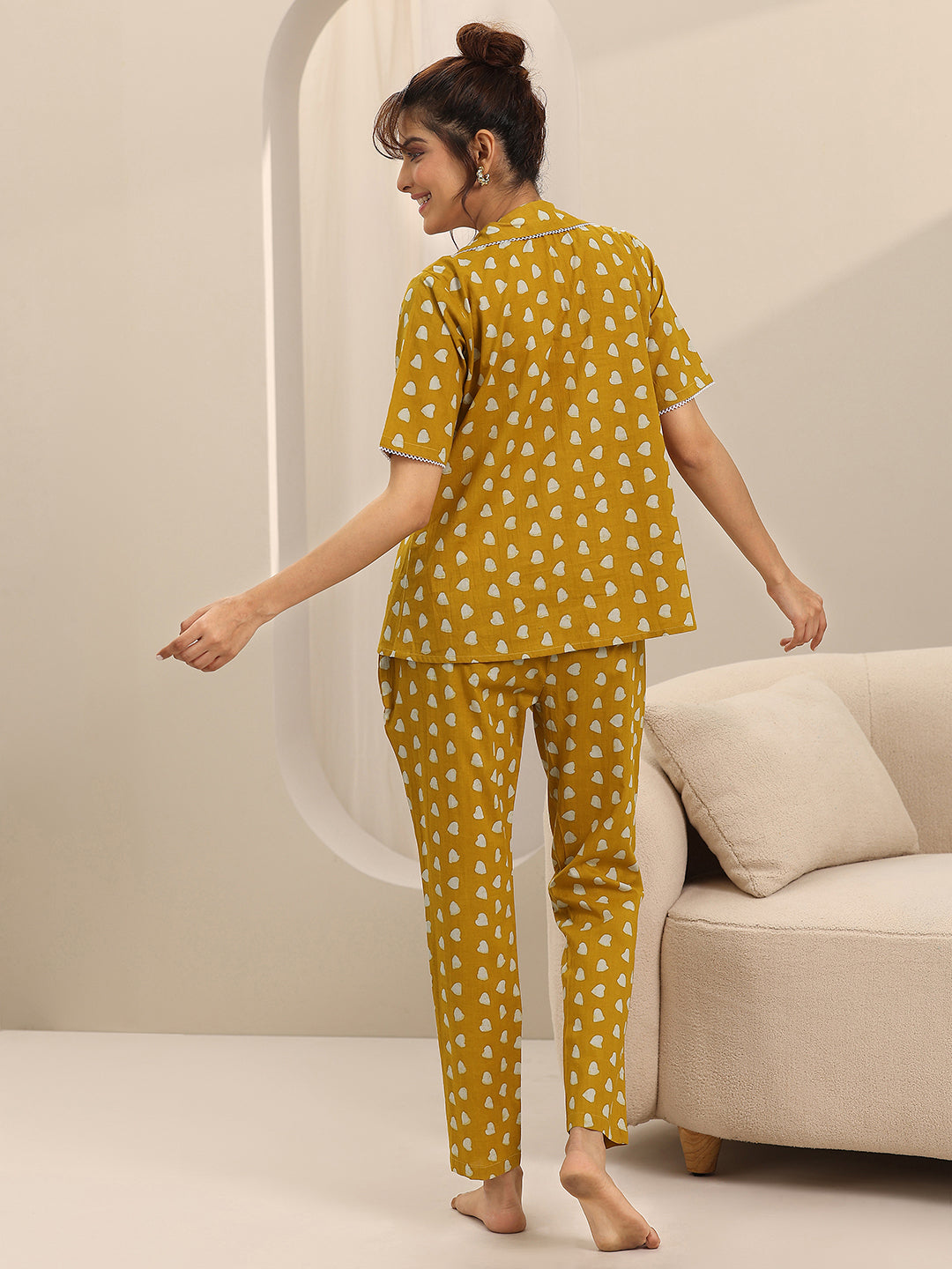 Mustard Printed Cotton Night Suits