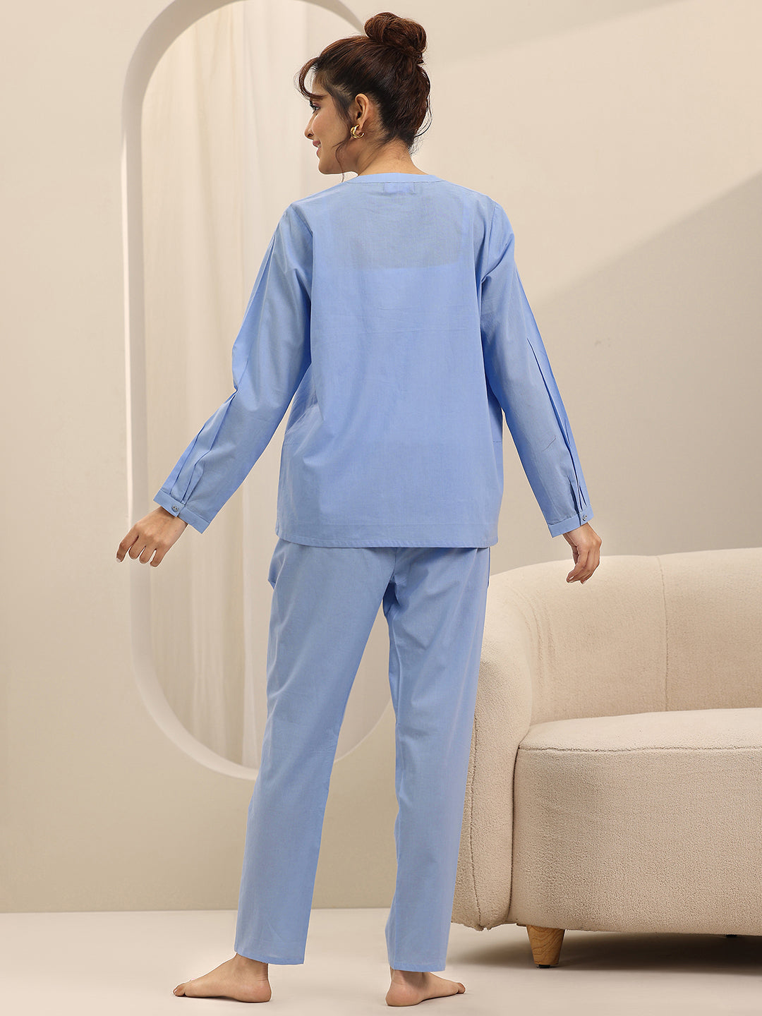 Blue Solid Cotton Night Suits