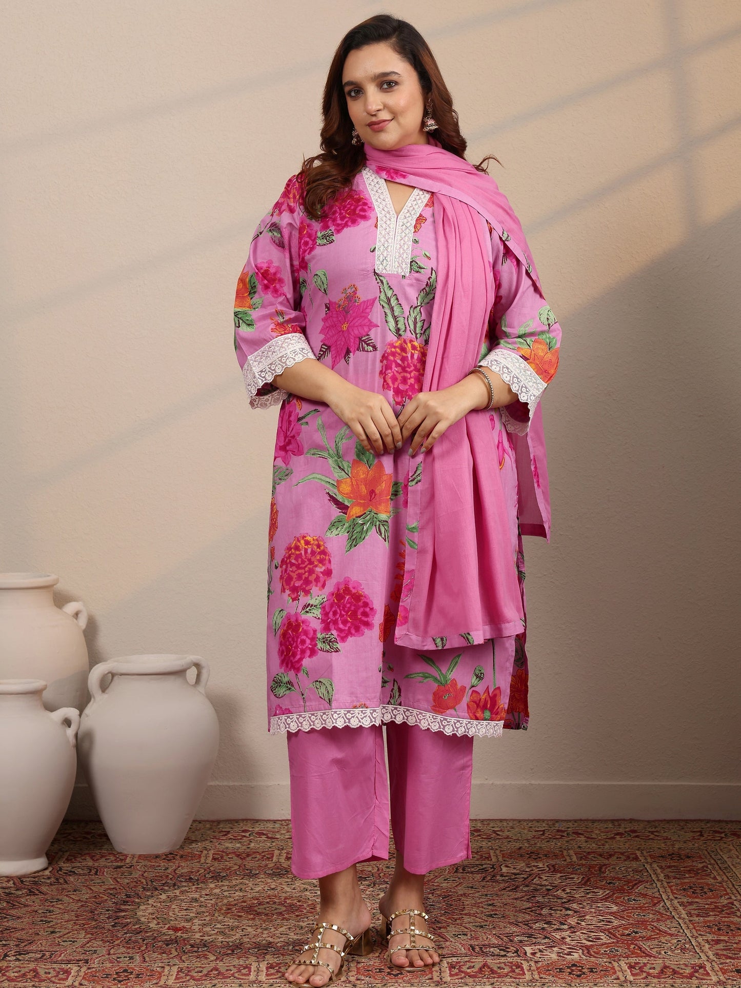 Plus Size Pink Printed Cotton Straight Suit Set With Dupatta