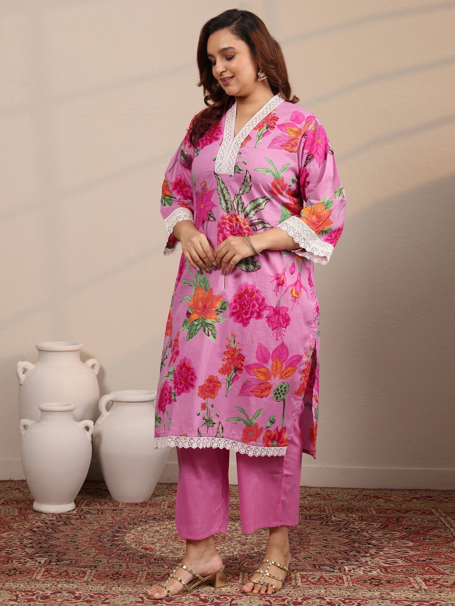Plus Size Pink Printed Cotton Straight Suit Set With Dupatta