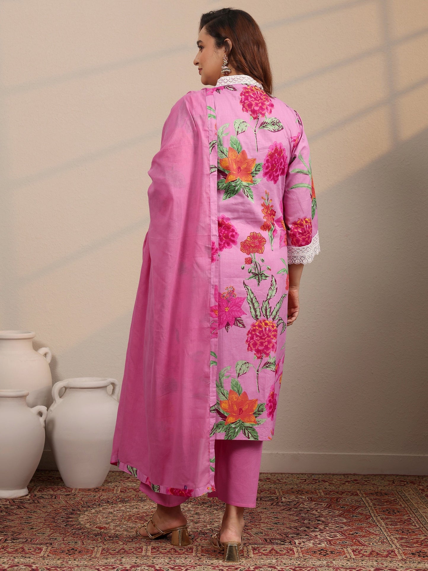 Plus Size Pink Printed Cotton Straight Suit Set With Dupatta