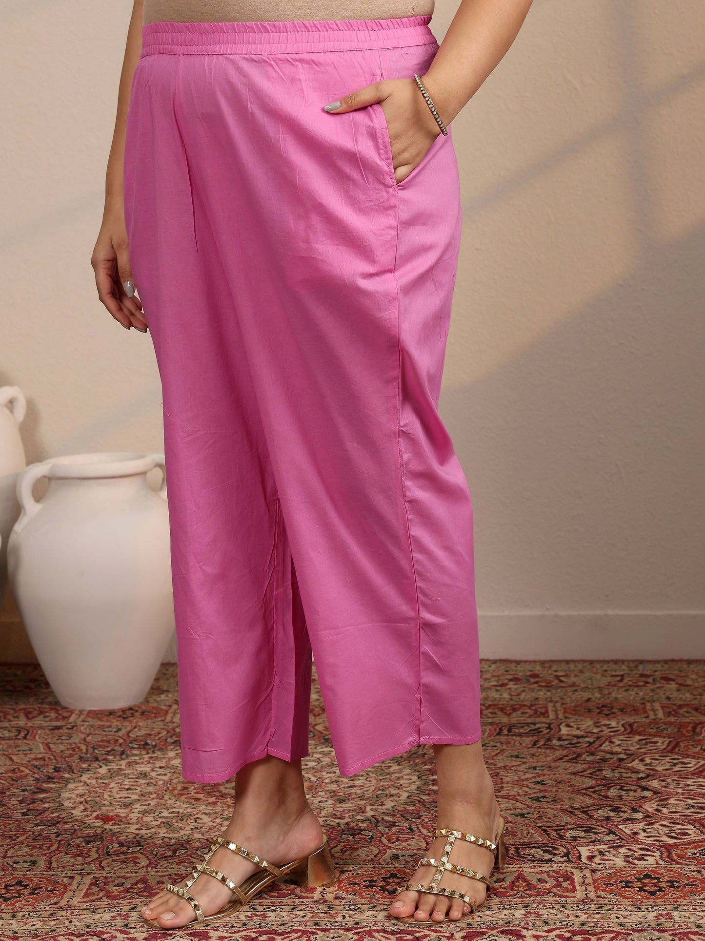 Plus Size Pink Printed Cotton Straight Suit Set With Dupatta