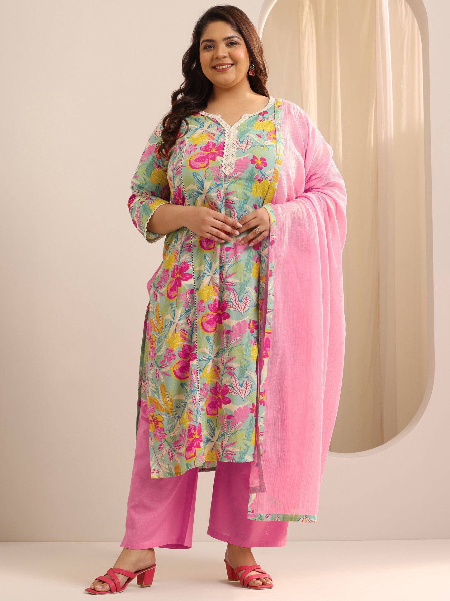 Plus Size Turquoise Blue Printed Cotton Straight Suit Set With Dupatta