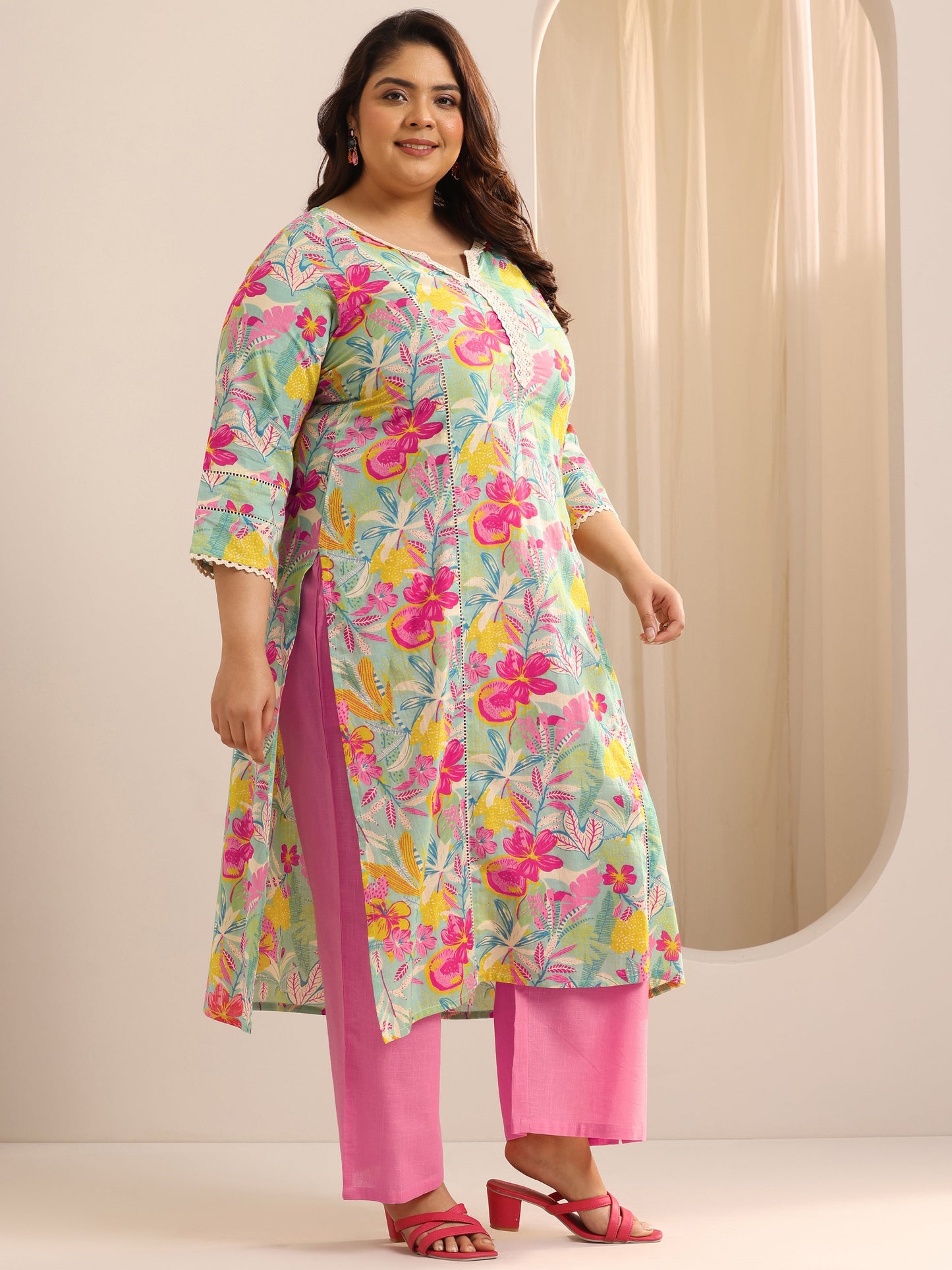 Plus Size Turquoise Blue Printed Cotton Straight Suit Set With Dupatta