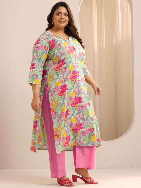 Plus Size Turquoise Blue Printed Cotton Straight Suit Set With Dupatta