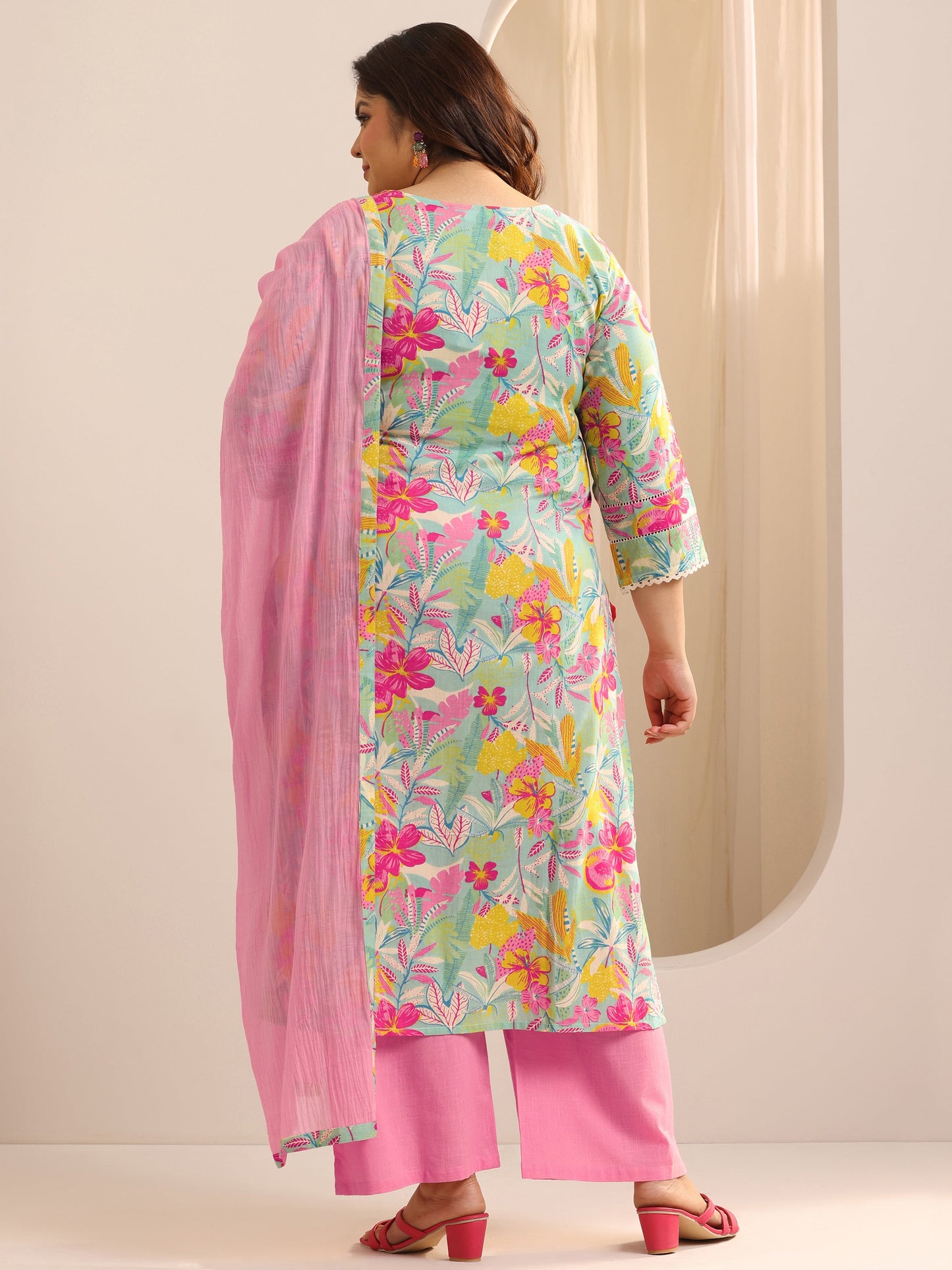 Plus Size Turquoise Blue Printed Cotton Straight Suit Set With Dupatta