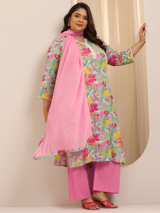 Plus Size Turquoise Blue Printed Cotton Straight Suit Set With Dupatta