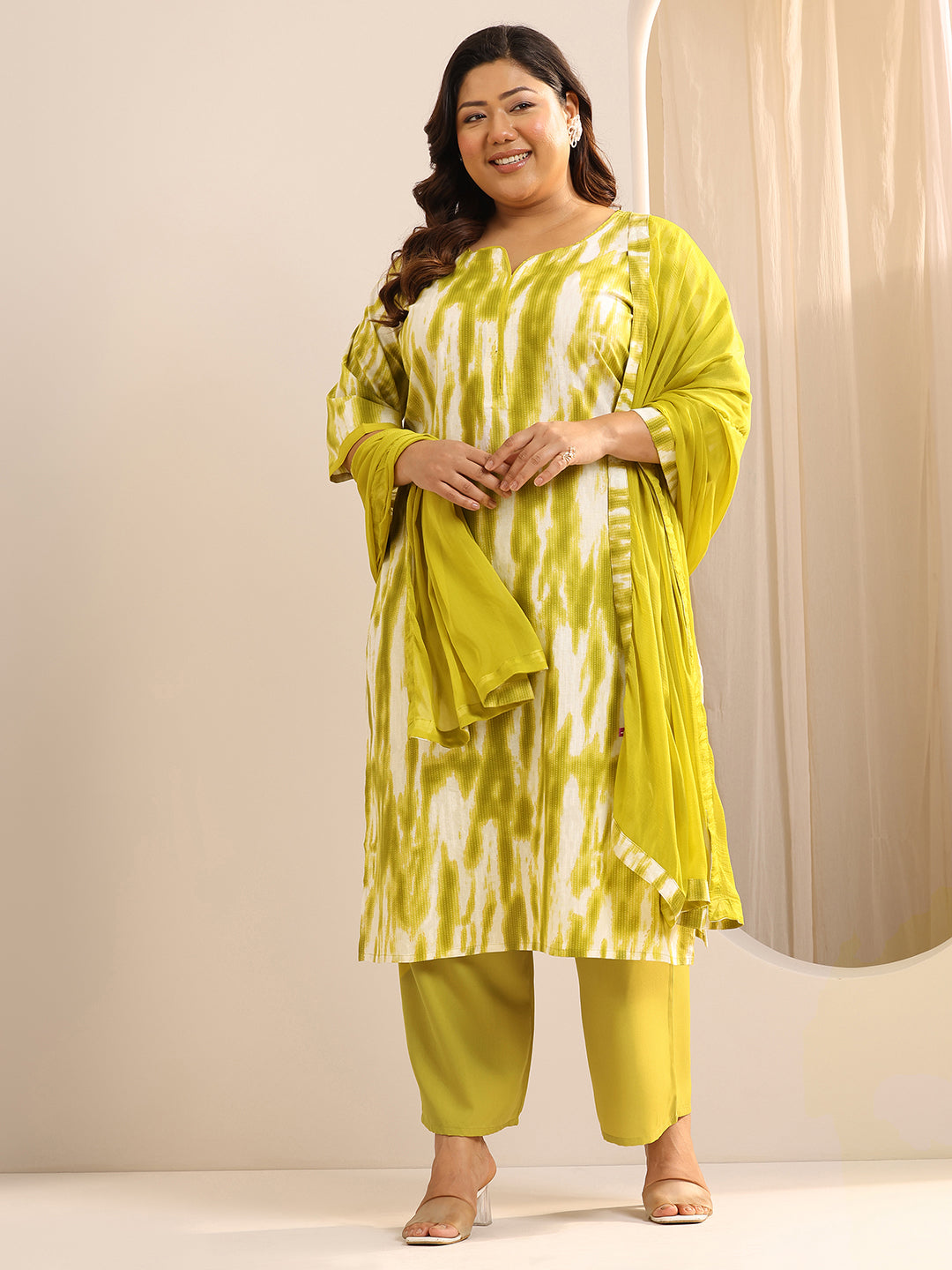 Plus Size Green Printed Cotton Straight Suit Set With Dupatta