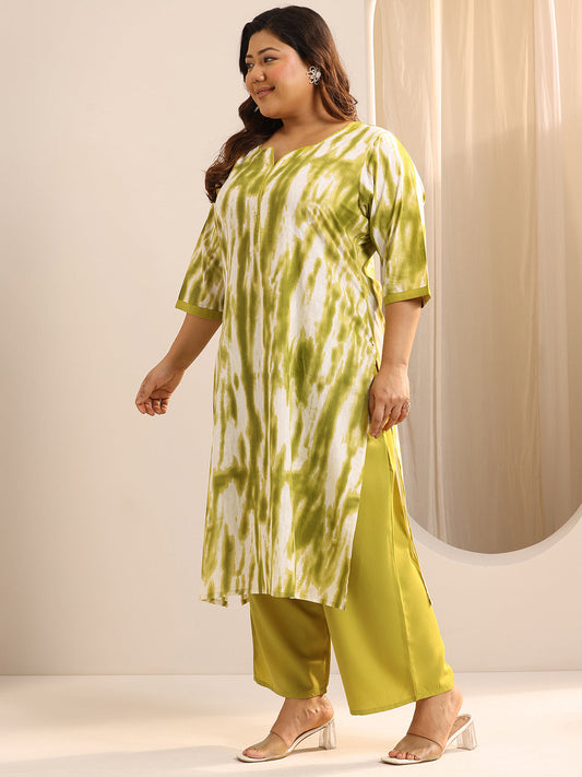 Plus Size Green Printed Cotton Straight Suit Set With Dupatta
