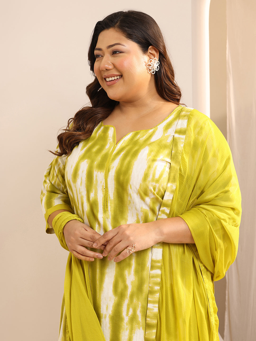 Plus Size Green Printed Cotton Straight Suit Set With Dupatta