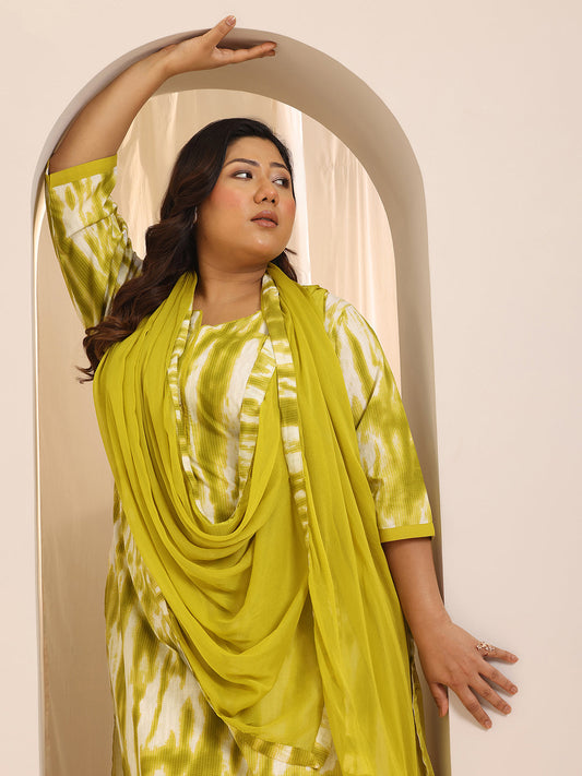 Plus Size Green Printed Cotton Straight Suit Set With Dupatta